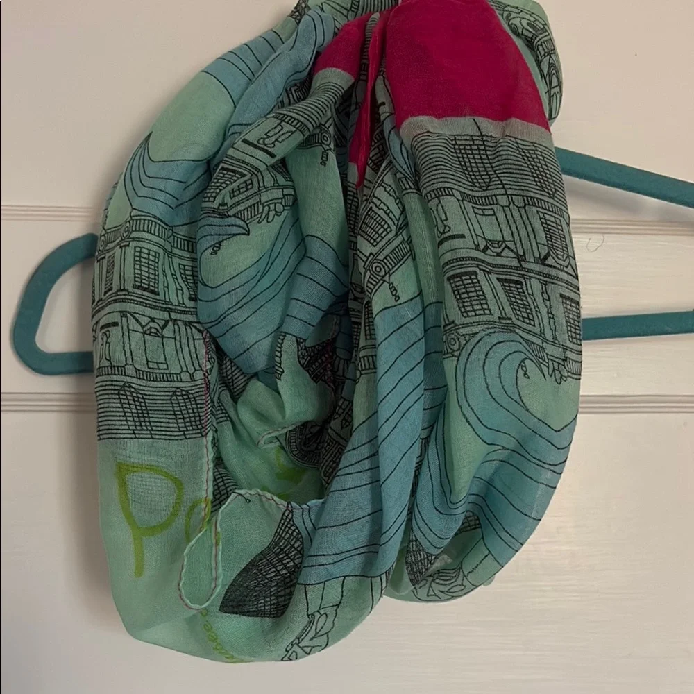 New Infinity Colorful Paris Patterned Scarf. Green and blue with touch o…